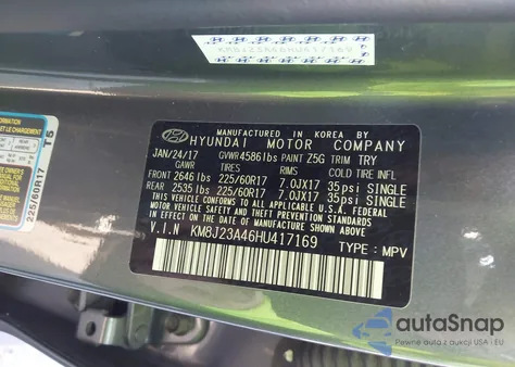 2017 Hyundai Tucson Se z USA, uszkodzony, nr VIN KM8J23A46HU417169